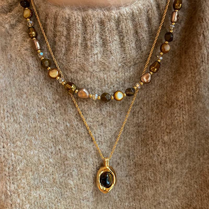 Tiger Eye Beaded Long Necklace Set – Two-Piece Maillard Style Outfit Accessory