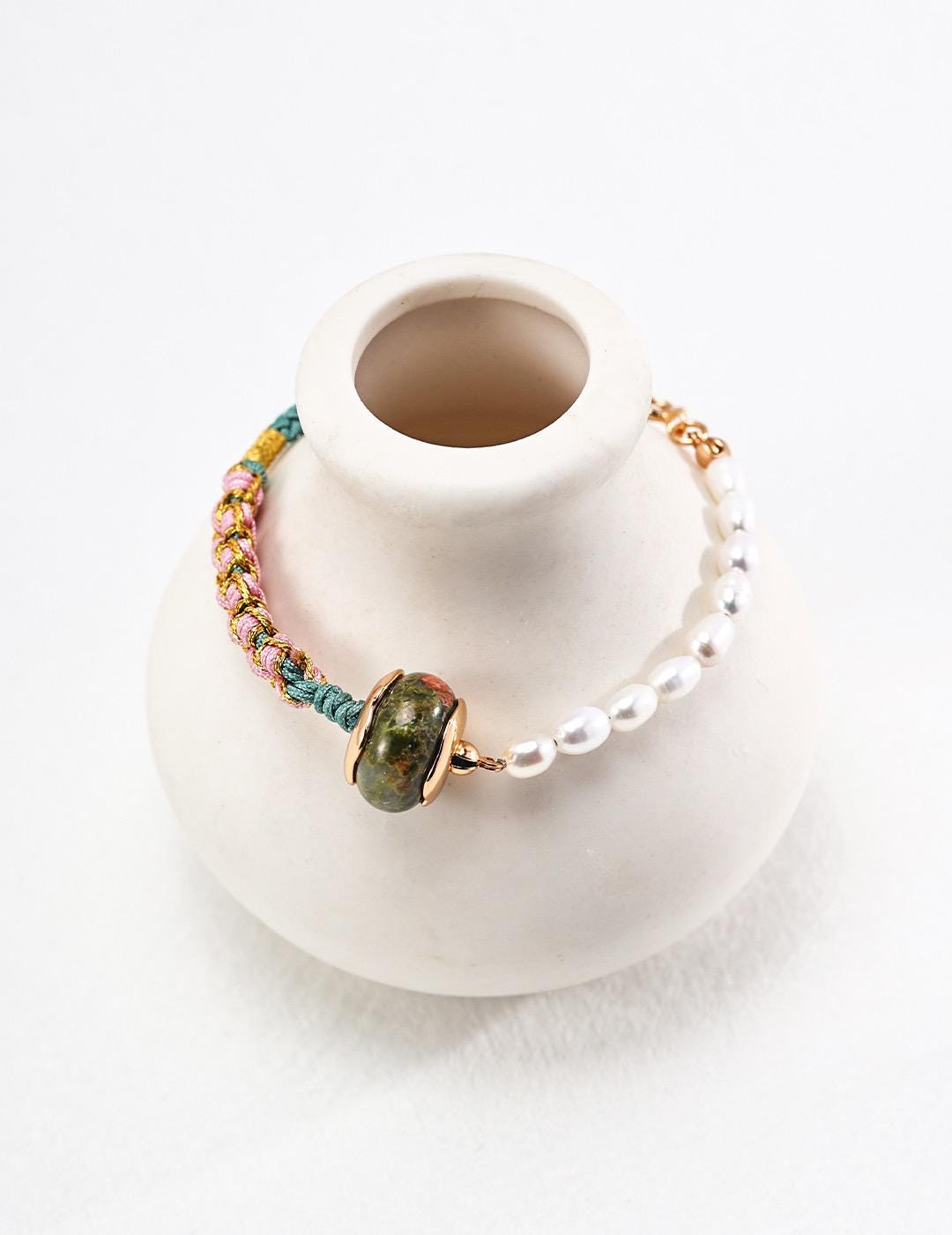 Oriental Style Unakite Lucky Pearl Bracelet