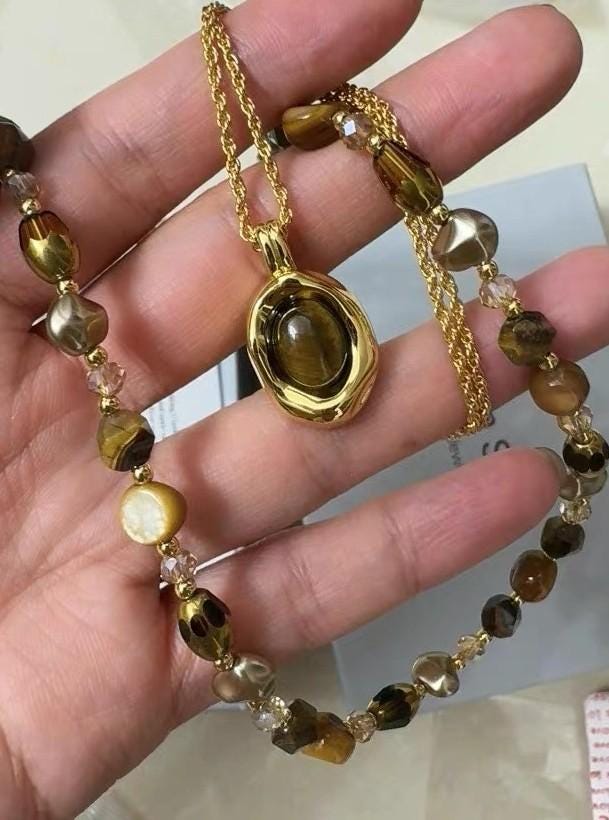 Tiger Eye Beaded Long Necklace Set – Two-Piece Maillard Style Outfit Accessory