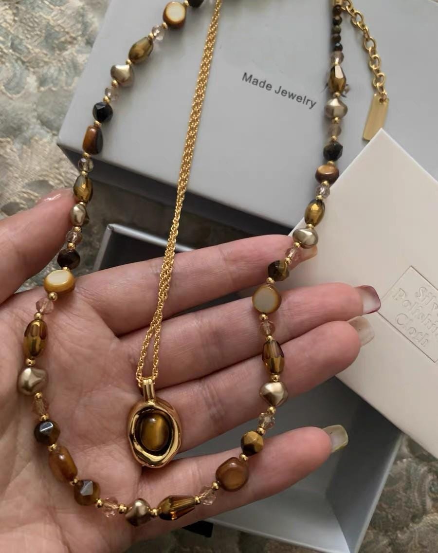 Tiger Eye Beaded Long Necklace Set – Two-Piece Maillard Style Outfit Accessory
