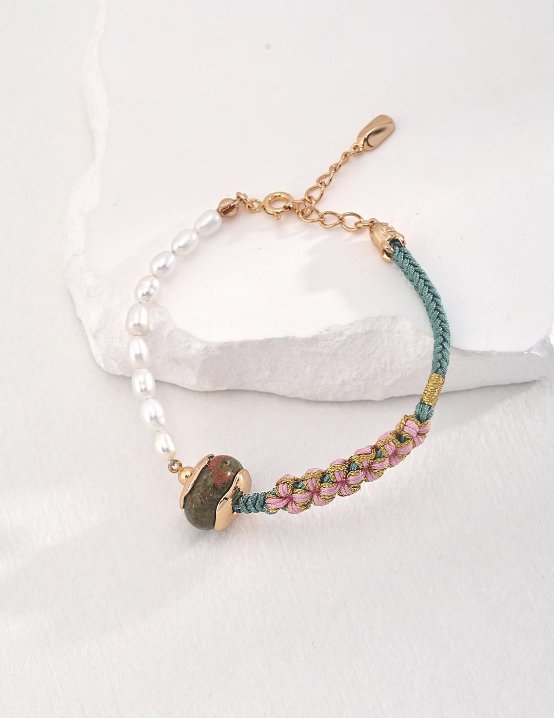 Oriental Style Unakite Lucky Pearl Bracelet