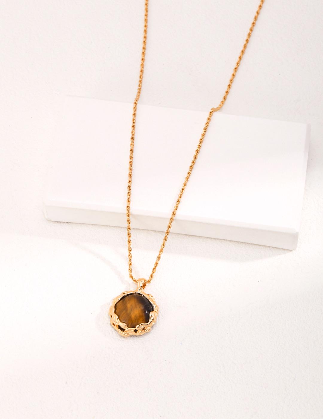 18K Gold Tiger's Eye Pendant Healing Necklace